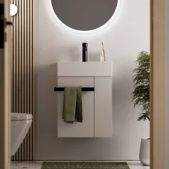 Bernstein Meuble vasque lave-main Blanc mat 45x35x50cm (LxPxH) 1 tiroir + rangement droite + poignée Noir mat - COMPACT450* Lave-Mains