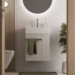 Bernstein Meuble vasque lave-main Blanc mat 45x35x50cm (LxPxH) 1 tiroir + rangement droite + poignée Chrome - COMPACT450* Lave-Mains