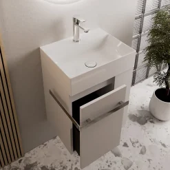 Bernstein Meuble vasque lave-main Blanc mat 45x35x50cm (LxPxH) 1 tiroir + rangement droite + poignée Chrome - COMPACT450* Lave-Mains