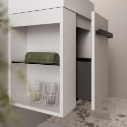 Bernstein Meuble vasque lave-main Blanc mat 45x35x50cm (LxPxH) 1 tiroir + rangement gauche + poignée Noir mat - COMPACT450* Lave-Mains