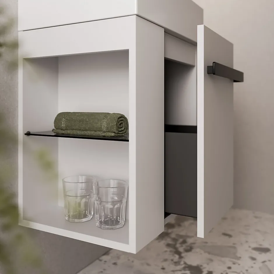 Bernstein Meuble vasque lave-main Blanc mat 45x35x50cm (LxPxH) 1 tiroir + rangement gauche + poignée Noir mat - COMPACT450* Lave-Mains