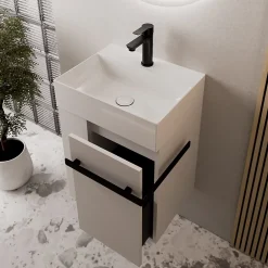 Bernstein Meuble vasque lave-main Blanc mat 45x35x50cm (LxPxH) 1 tiroir + rangement gauche + poignée Noir mat - COMPACT450* Lave-Mains