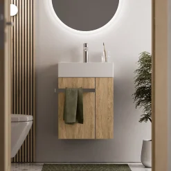 Bernstein Meuble vasque lave-main Chêne miel 45x35x50cm (LxPxH) 1 tiroir + rangement droite + poignée Chrome - COMPACT450* Lave-Mains