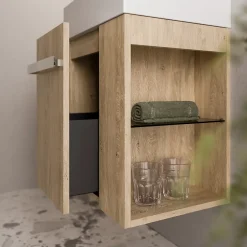 Bernstein Meuble vasque lave-main Chêne miel 45x35x50cm (LxPxH) 1 tiroir + rangement droite + poignée Chrome - COMPACT450* Lave-Mains