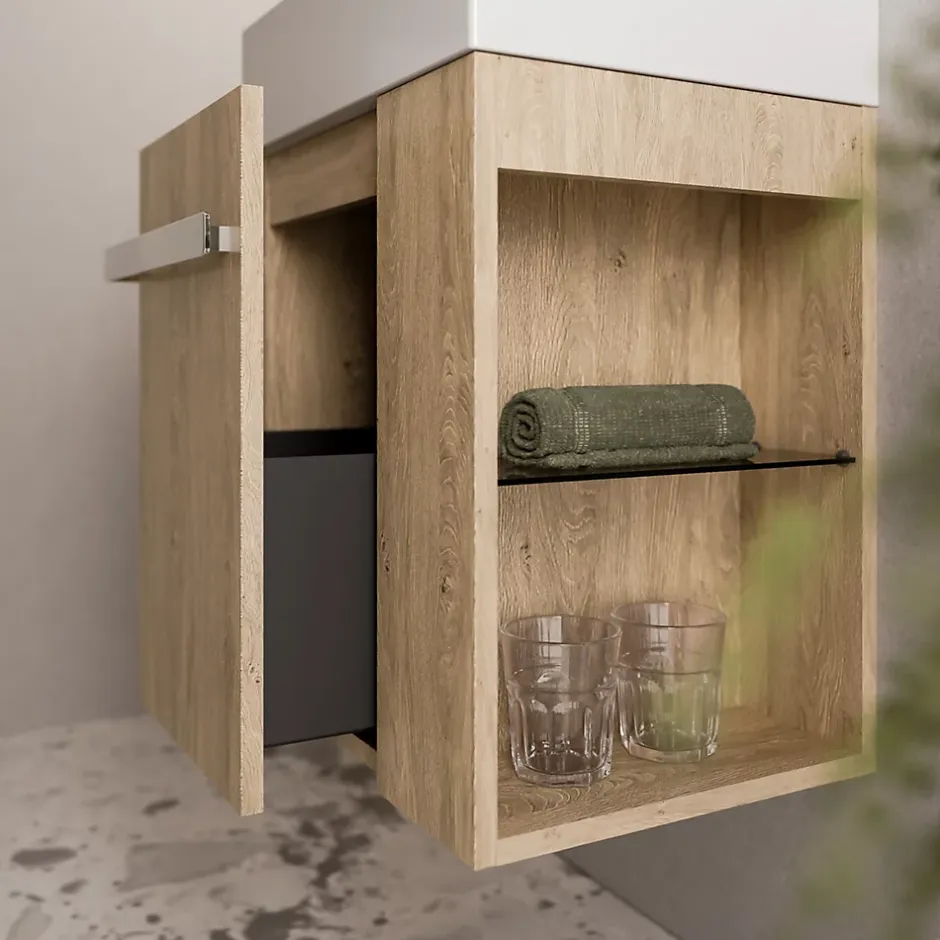 Bernstein Meuble vasque lave-main Chêne miel 45x35x50cm (LxPxH) 1 tiroir + rangement droite + poignée Chrome - COMPACT450* Lave-Mains