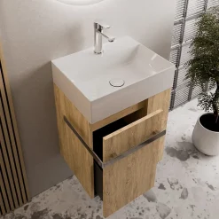 Bernstein Meuble vasque lave-main Chêne miel 45x35x50cm (LxPxH) 1 tiroir + rangement droite + poignée Chrome - COMPACT450* Lave-Mains