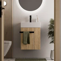 Bernstein Meuble vasque lave-main Chêne miel 45x35x50cm (LxPxH) 1 tiroir + rangement droite + poignée Noir mat - COMPACT450