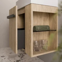 Bernstein Meuble vasque lave-main Chêne miel 45x35x50cm (LxPxH) 1 tiroir + rangement droite + poignée Noir mat - COMPACT450