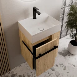 Bernstein Meuble vasque lave-main Chêne miel 45x35x50cm (LxPxH) 1 tiroir + rangement droite + poignée Noir mat - COMPACT450
