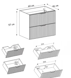 3xE Living Meuble vasque, Noir Mat, 60 x 57 x 46 cm, poignée dorée + Plan de travail* Lave-Mains