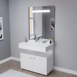 Cuisibane Meuble vasque PMR EPURE 90 cm avec miroir led Elégance et caisson roulant - Blanc brillant