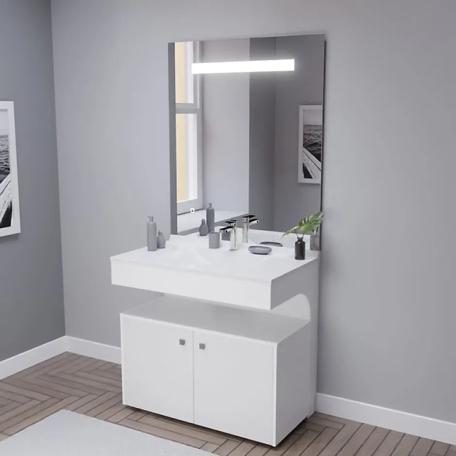 Cuisibane Meuble vasque PMR EPURE 90 cm avec miroir led Elégance et caisson roulant - Blanc brillant
