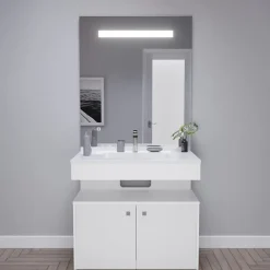 Cuisibane Meuble vasque PMR EPURE 90 cm avec miroir led Elégance et caisson roulant - Blanc brillant
