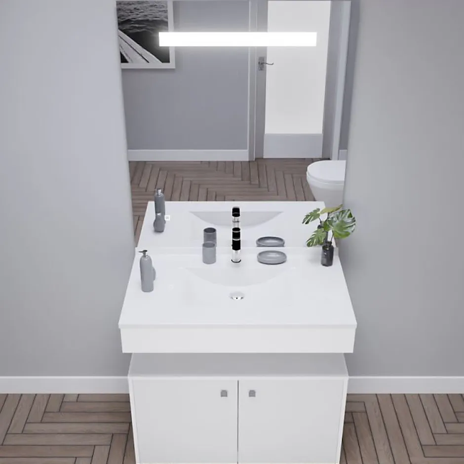 Cuisibane Meuble vasque PMR EPURE 90 cm avec miroir led Elégance et caisson roulant - Blanc brillant