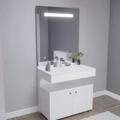 Cuisibane Meuble vasque PMR EPURE 90 cm avec miroir led Elégance et caisson roulant - Blanc brillant