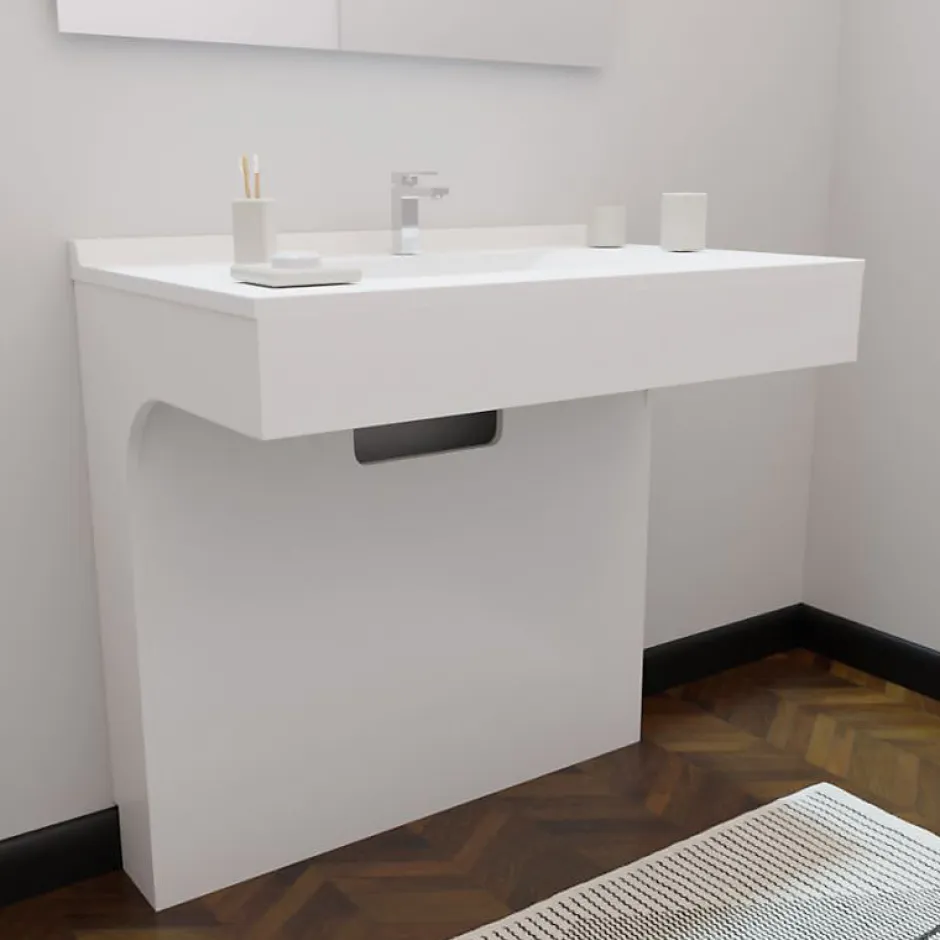 Cuisibane Meuble vasque PMR EPURE 90 cm avec miroir led Elégance et caisson roulant - Blanc brillant