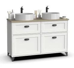 Pegane Meuble vasque pour salle de bain coloris blanc, chêne cambrian - Longueur 120 x Profondeur 47 x hauteur 80 cm