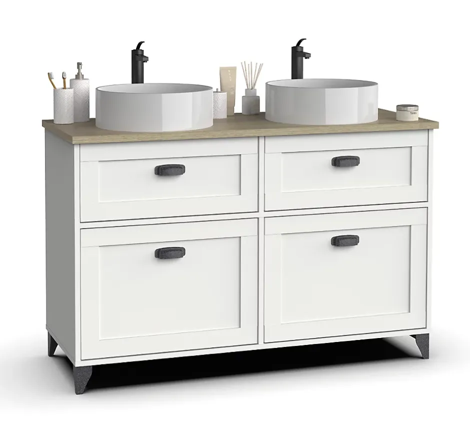 Pegane Meuble vasque pour salle de bain coloris blanc, chêne cambrian - Longueur 120 x Profondeur 47 x hauteur 80 cm