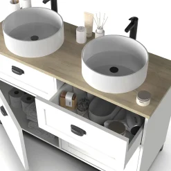 Pegane Meuble vasque pour salle de bain coloris blanc, chêne cambrian - Longueur 120 x Profondeur 47 x hauteur 80 cm