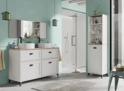 Pegane Meuble vasque pour salle de bain coloris blanc, chêne cambrian - Longueur 120 x Profondeur 47 x hauteur 80 cm