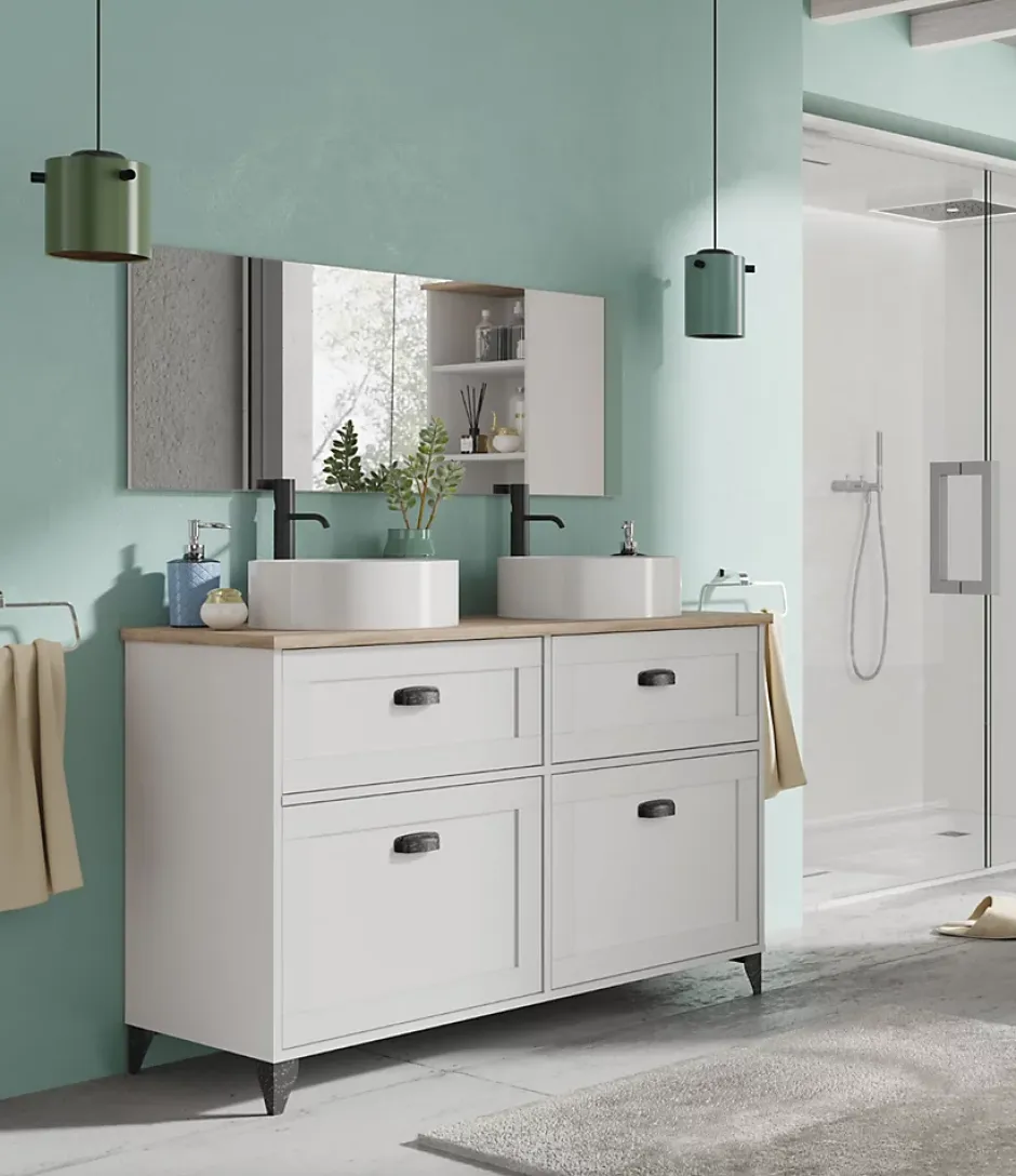 Pegane Meuble vasque pour salle de bain coloris blanc, chêne cambrian - Longueur 120 x Profondeur 47 x hauteur 80 cm