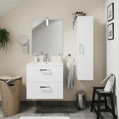 Meuble vasque suspendu blanc l.60 cm + plan vasque en céramique + miroir éclairant, Opah