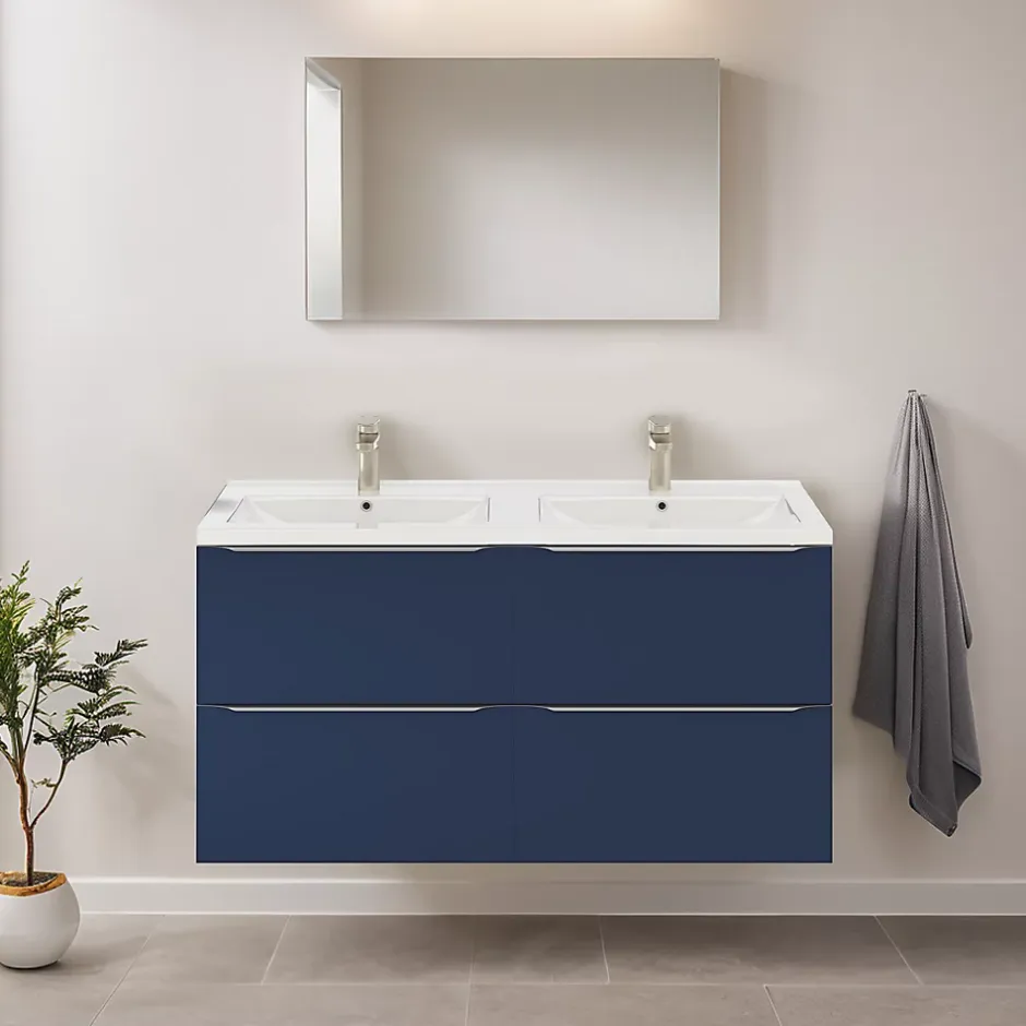 GoodHome Meuble vasque suspendu bleu nuit mat l.120 cm Imandra + plan double vasque blanc céramique Nira,