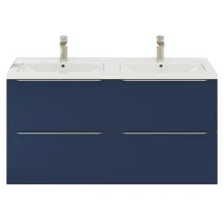 GoodHome Meuble vasque suspendu bleu nuit mat l.120 cm Imandra + plan double vasque blanc céramique Nira,