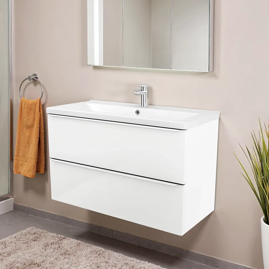 GoodHome Meuble vasque suspendu blanc brillant l.80 cm Imandra + plan vasque blanc céramique Nira,