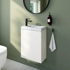 Homesight Meuble vasque suspendu blanc mat l.44 cm Imandra + plan vasque effet marbre blanc, GoodHome* Lave-Mains