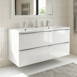 GoodHome Meuble vasque suspendu blanc brillant l.120 cm Imandra + plan double vasque blanc résine Mila,