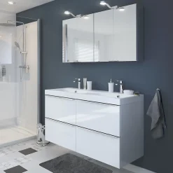 GoodHome Meuble vasque suspendu blanc brillant l.120 cm Imandra + plan double vasque blanc résine Mila,