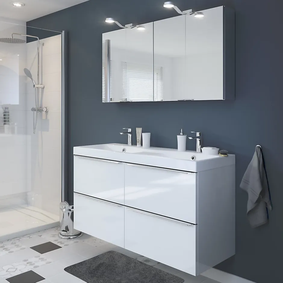 GoodHome Meuble vasque suspendu blanc brillant l.120 cm Imandra + plan double vasque blanc résine Mila,