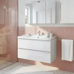 GoodHome Meuble vasque suspendu blanc brillant l.100 cm Imandra + plan vasque blanc céramique Lana,* Meuble Vasque