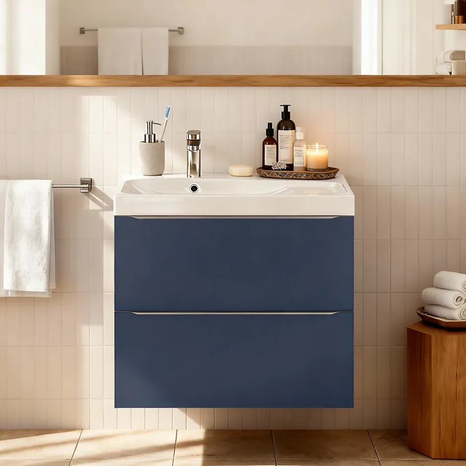 GoodHome Meuble vasque suspendu bleu nuit mat l.80 cm Imandra + plan vasque blanc résine Mila,