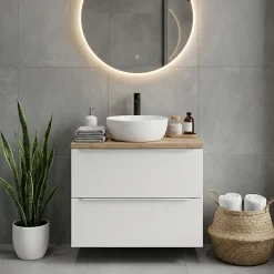 GoodHome Meuble vasque suspendu blanc brillant l.80 cm Imandra + plan de toilette effet chêne,