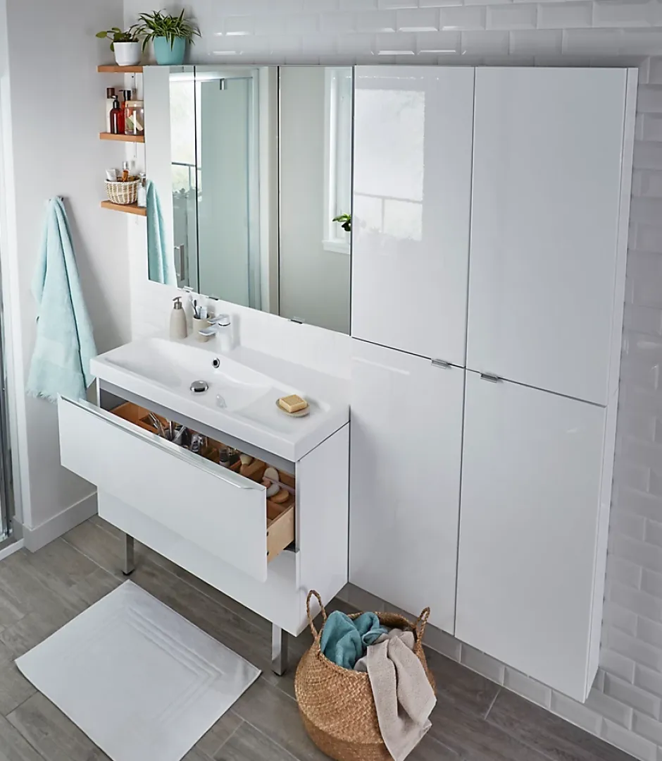 GoodHome Meuble vasque suspendu blanc brillant l.100 cm Imandra + plan vasque blanc résine Mila,* Meuble Vasque