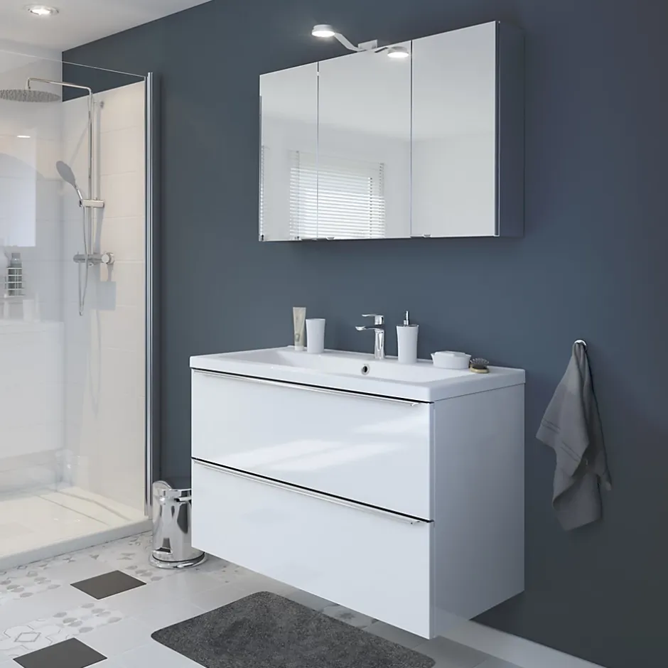 Cooke & Lewis Meuble vasque suspendu blanc brillant l.100 cm Imandra + plan vasque blanc céramique Nira, GoodHome