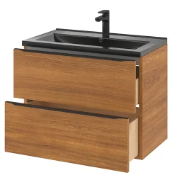 GoodHome Meuble vasque suspendu effet noyer l.80 cm Imandra + plan vasque noir céramique, Nira