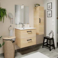 GoodHome Meuble vasque suspendu effet chêne l.60 cm + plan vasque blanc en céramique, Opah* Meuble Vasque