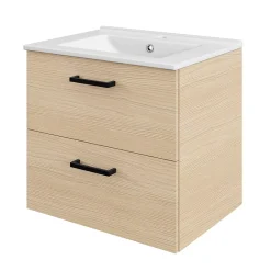 GoodHome Meuble vasque suspendu effet chêne l.60 cm + plan vasque blanc en céramique, Opah* Meuble Vasque