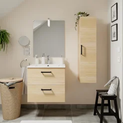 GoodHome Meuble vasque suspendu effet chêne l.60 cm + plan vasque blanc en céramique, Opah* Meuble Vasque