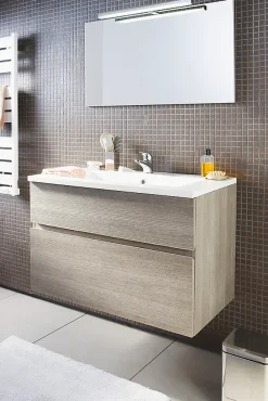 Cooke & Lewis Meuble vasque suspendu effet chêne clair l.90 cm + plan vasque blanc en résine, Calao* Meuble Vasque