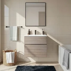 Cooke & Lewis Meuble vasque suspendu effet chêne clair l.60 cm + plan vasque blanc en céramique, Calao