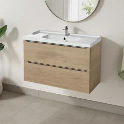 GoodHome Meuble vasque suspendu effet chêne l.100 cm Imandra + plan vasque blanc céramique Lana,