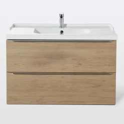 GoodHome Meuble vasque suspendu effet chêne l.100 cm Imandra + plan vasque blanc céramique Lana,