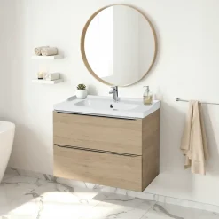GoodHome Meuble vasque suspendu effet chêne l.80 cm Imandra + plan vasque blanc céramique Lana,