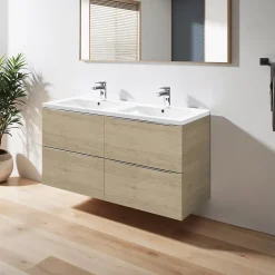 GoodHome Meuble vasque suspendu effet chêne l.120 cm Imandra + plan double vasque blanc céramique Nira,