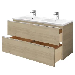 GoodHome Meuble vasque suspendu effet chêne l.120 cm Imandra + plan double vasque blanc céramique Nira,