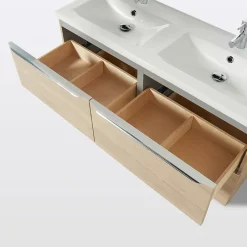 GoodHome Meuble vasque suspendu effet chêne l.120 cm Imandra + plan double vasque blanc céramique Nira,